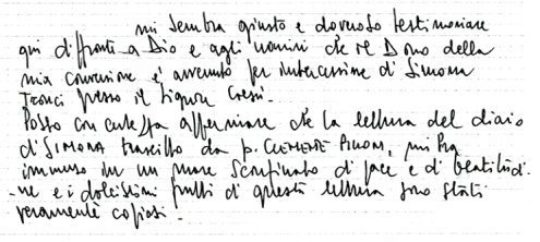 Frase autografa tratta da una sua lettera inviata al 'Pastorale di Servizio' della Comunità Antonello